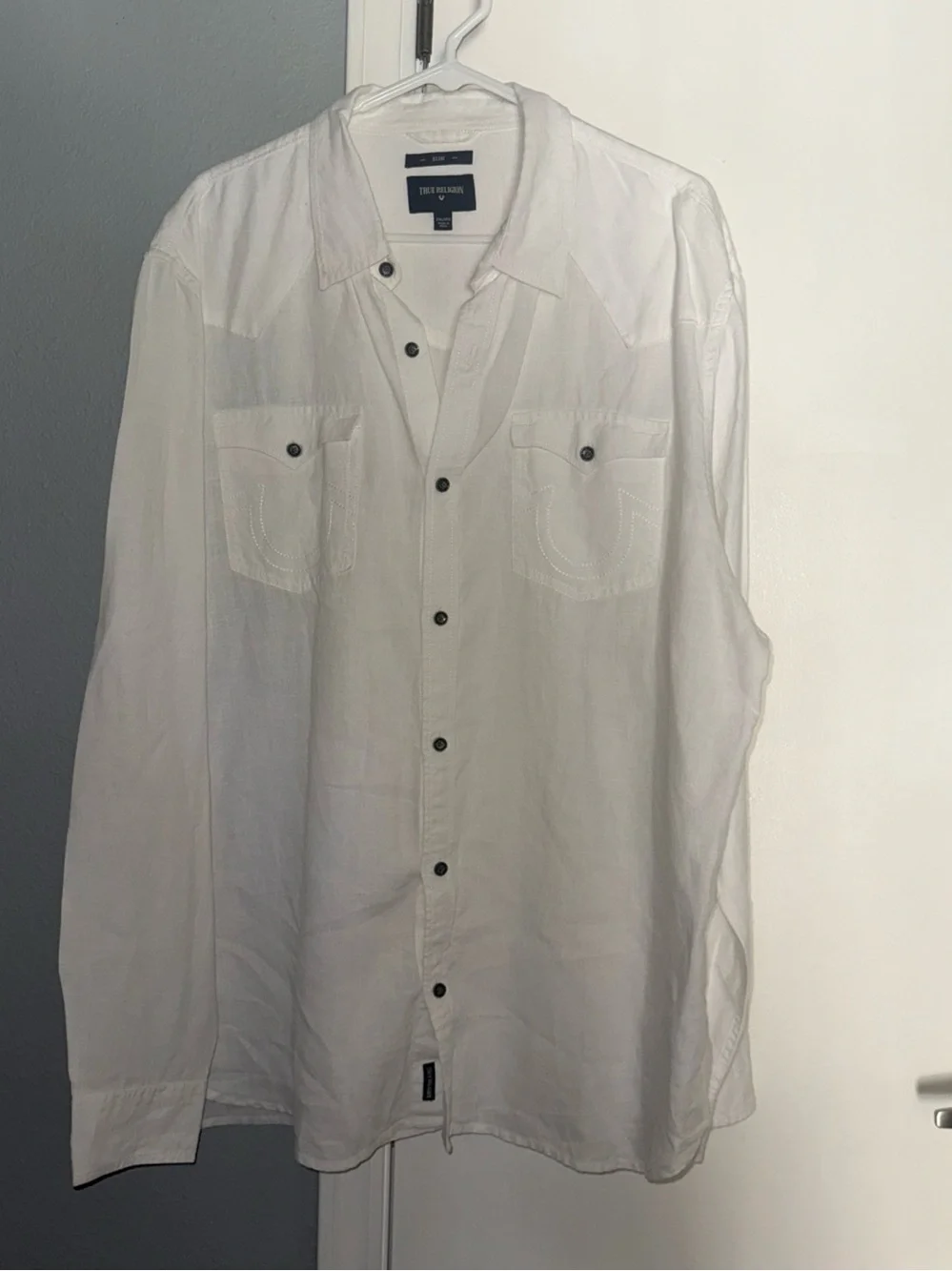 TRUE RELIGION Mens 2XL Slim Button Down 100% Linen Western Yoke Luxury White